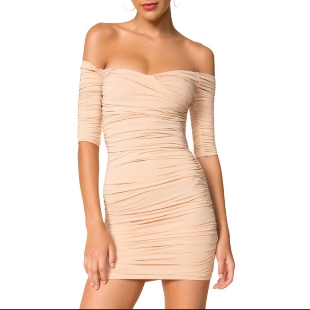 Superdown Carlyn Off-Shoulder Ruched Tan Mini Dress